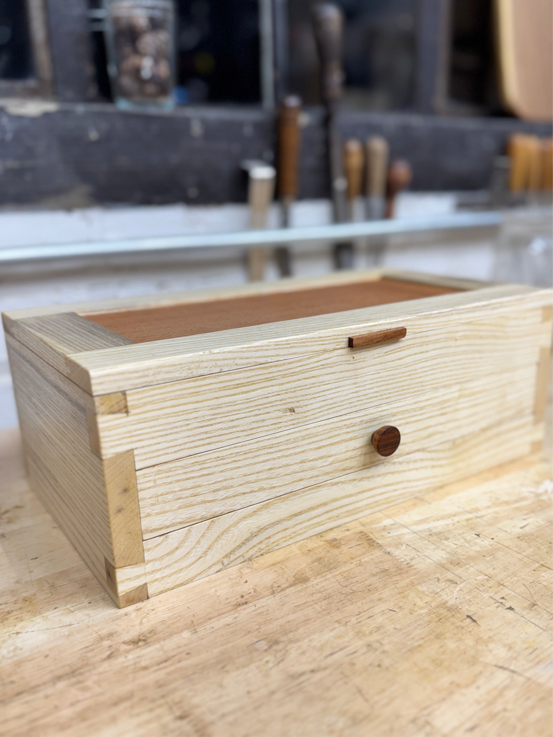 Hand crafted keepsake box in Hackberry, Black Walnut and Spanish Cedar